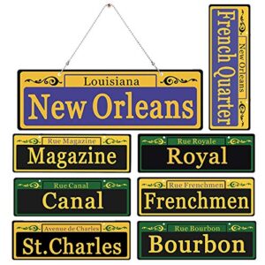 2020 mardi gras decorations new orleans street signs 8 pack ornaments – 1:1 size duplex printed pvc made mardi gras party table decor, with extra metal chain for outdoor carnival hanging