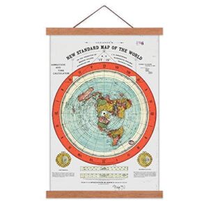 AlexArt Flat Earth Map - Gleason's New Standard Map of The World - Large 24"X36" Canvas Print Scroll Poster with Teak Wood Frame Ready to Hang