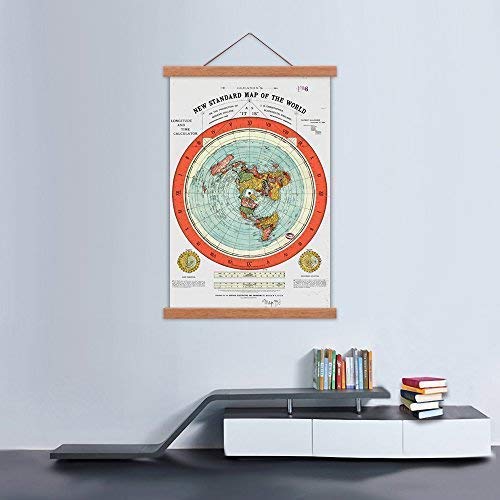 AlexArt Flat Earth Map - Gleason's New Standard Map of The World - Large 24"X36" Canvas Print Scroll Poster with Teak Wood Frame Ready to Hang
