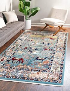 unique loom narenj collection classic traditional hunting scene textured design area rug, rectangular 5′ 0″ x 8′ 0″, blue/tan
