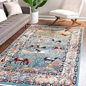 Unique Loom Narenj Collection Classic Traditional Hunting Scene Textured Design Area Rug, Rectangular 5' 0" x 8' 0", Blue/Tan