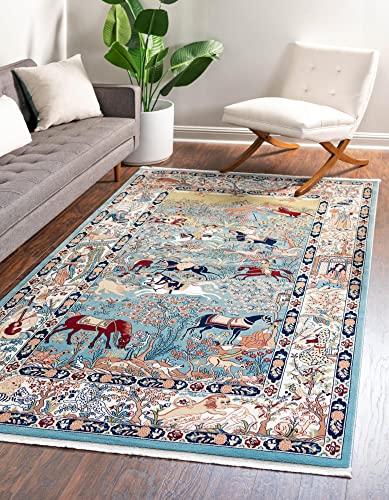 Unique Loom Narenj Collection Classic Traditional Hunting Scene Textured Design Area Rug, Rectangular 5' 0" x 8' 0", Blue/Tan