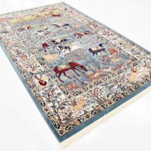 Unique Loom Narenj Collection Classic Traditional Hunting Scene Textured Design Area Rug, Rectangular 5' 0" x 8' 0", Blue/Tan