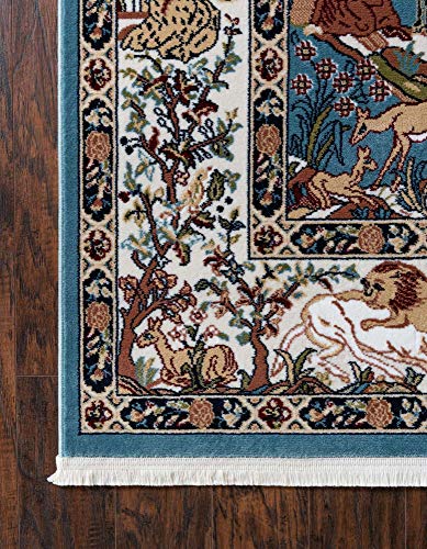 Unique Loom Narenj Collection Classic Traditional Hunting Scene Textured Design Area Rug, Rectangular 5' 0" x 8' 0", Blue/Tan