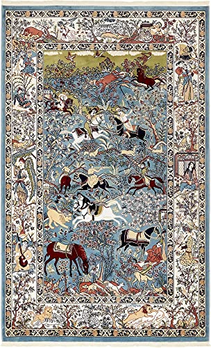 Unique Loom Narenj Collection Classic Traditional Hunting Scene Textured Design Area Rug, Rectangular 5' 0" x 8' 0", Blue/Tan