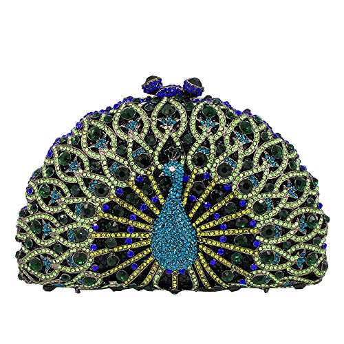 Boutique De FGG Elegant Crystal Clutches For Women Peacock Clutch Bag Evening Purses and Handbags (Small, Green)