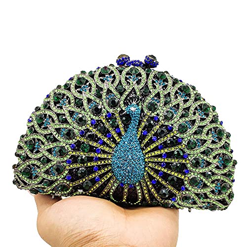 Boutique De FGG Elegant Crystal Clutches For Women Peacock Clutch Bag Evening Purses and Handbags (Small, Green)