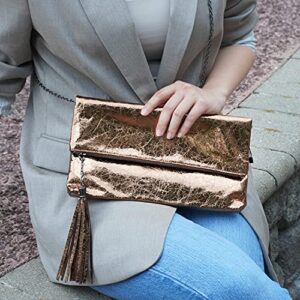 JNB Women's Cracked Metallic Fabric Foldover Clutch with Tassel, Bronze