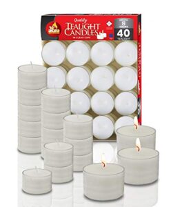 ner mitzvah long burning tealight candles – 8 hours – white in clear cups – unscented – 40 pack – made in eu