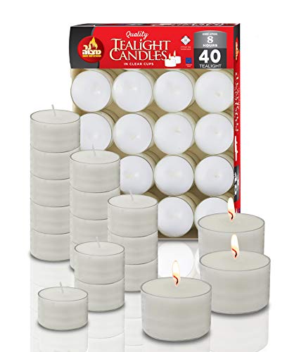 Ner Mitzvah Long Burning Tealight Candles - 8 Hours - White in Clear Cups - Unscented - 40 Pack - Made in EU