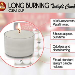 Ner Mitzvah Long Burning Tealight Candles - 8 Hours - White in Clear Cups - Unscented - 40 Pack - Made in EU