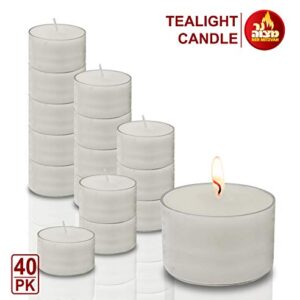 Ner Mitzvah Long Burning Tealight Candles - 8 Hours - White in Clear Cups - Unscented - 40 Pack - Made in EU