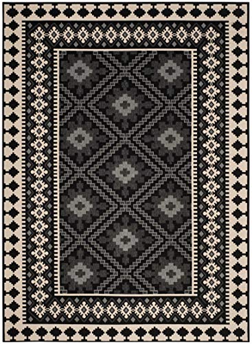 SAFAVIEH Veranda Collection 4' x 5'7" Black / Cream VER099 Boho Indoor/ Outdoor Non-Shedding Easy--Cleaning Patio Backyard Porch Deck Mudroom Accent--Rug