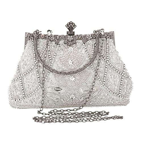 AIJUN Women's Vintage Beaded Evening Bag Sequin Clutch Purses for Women Wedding Clutches Prom Cocktail Party Handbags(Silver)