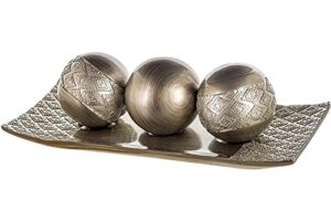 creative scents dublin decorative tray and orbs balls set – centerpiece bowl with balls for dining room table, rustic decorated spheres kit for living room coffee table, gift boxed (brushed silver)