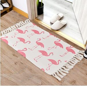 flamingo bathroom rug，2’x3′ red rugs runner with tassels, small woven cotton kitchen bath mat,throw rugs for living room, bedroom, laundry, kitchen sink, doorway, hallway