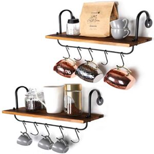 Olakee Floating Wall Shelves for Kitchen Bathroom Coffee Nook with 10 Adjustable Hooks for Mugs Cooking Utensils or Towel Rustic Storage Shelves Set of 2/17x5.9 inch (Carbonized Black)