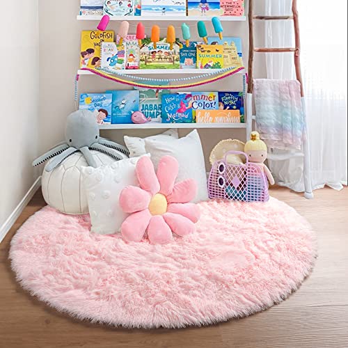 PAGISOFE Super Soft Circle Rugs for Girls Princess Castle Toddlers Play Tent 41” Diameter Circular Area Rugs for Kids Bedroom Baby Room Decor Round Shag Playhouse Carpets and Nursery Rugs (Pink)