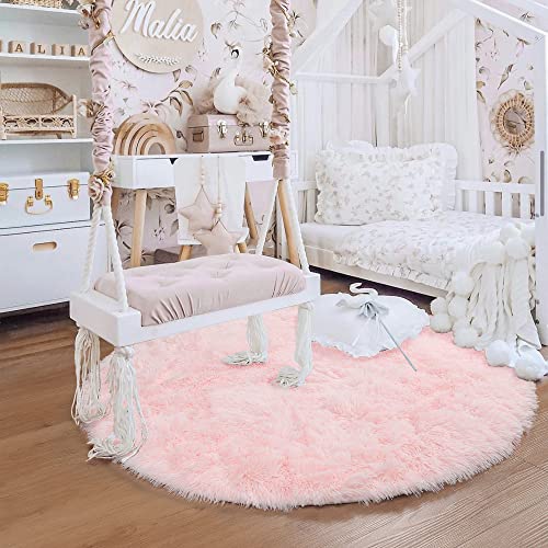 PAGISOFE Super Soft Circle Rugs for Girls Princess Castle Toddlers Play Tent 41” Diameter Circular Area Rugs for Kids Bedroom Baby Room Decor Round Shag Playhouse Carpets and Nursery Rugs (Pink)