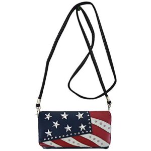 Western Cowgirl American Flag Stars and Stripes Rhinestone Women Leather Handbag Country Purses Wallet Set Red White Blue, Large