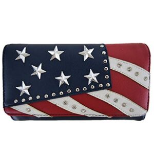 Western Cowgirl American Flag Stars and Stripes Rhinestone Women Leather Handbag Country Purses Wallet Set Red White Blue, Large