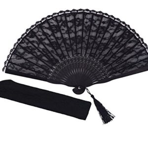 Meifan Womens Multi Color Handmade Cotton Lace Folding Hand Fan (Black-A)