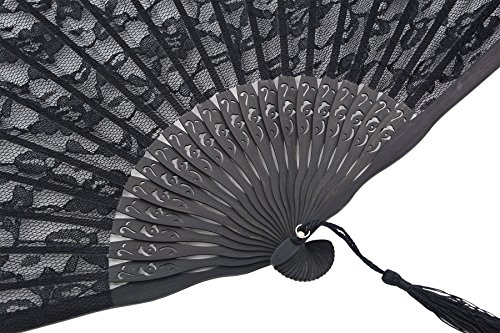 Meifan Womens Multi Color Handmade Cotton Lace Folding Hand Fan (Black-A)