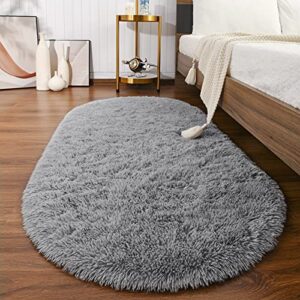 softlife fluffy rugs for bedroom, shag cute area rug for girls and kids baby room home decor, 2.6 x 5.3 feet oval indoor carpet for nursery dorm living room, grey