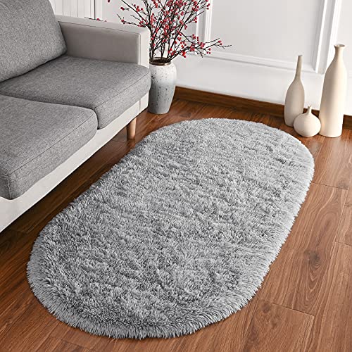 Softlife Fluffy Rugs for Bedroom, Shag Cute Area Rug for Girls and Kids Baby Room Home Decor, 2.6 x 5.3 Feet Oval Indoor Carpet for Nursery Dorm Living Room, Grey