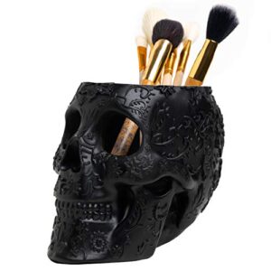 skull makeup brush and pen holder extra large, strong resin extra large halloween by the wine savant (black)