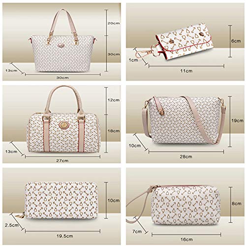 Women Handbag Set 6 Pcs PU Leather Tote Purse Set Multi-purpose Classic Shoulder Bag (Off White)