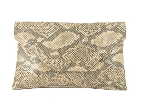 LONI Womens Stylish Large Envelope Faux Snakeskin Clutch Bag/Shoulder Bag in Beige