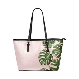 interestprint hawaiian tropical leaves monstera on pink women’s leather handbags ladies shoulder bag tote bags