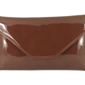 LONI Womens Stylish Large Envelope Patent Clutch Bag/Shoulder Bag Wedding Party Prom Bag in Cognac Brown