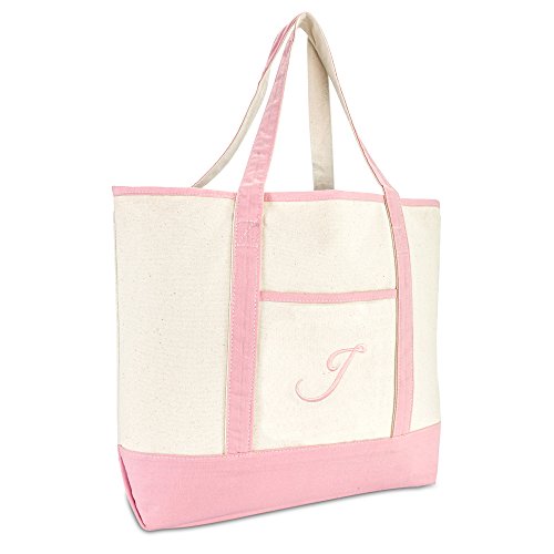 DALIX Women's Cotton Canvas Tote Bag Large Shoulder Bags Pink Monogram J