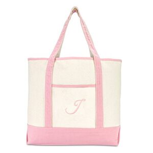 DALIX Women's Cotton Canvas Tote Bag Large Shoulder Bags Pink Monogram J