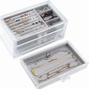 Acrylic Jewelry Box 3 Drawers, Velvet Jewellery Organizer, Earring Rings Necklaces Bracelets Display Case Gift for Women, Girls