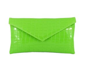 loni womens neat envelope patent croc clutch bag in lime green
