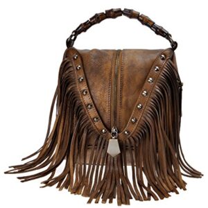 ZLYC Women's Leather Bamboo Hand Strap Featured Fringe Bohemian Tassel Studed Cross Body Bag (Brown)