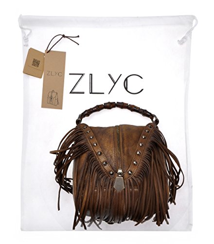 ZLYC Women's Leather Bamboo Hand Strap Featured Fringe Bohemian Tassel Studed Cross Body Bag (Brown)