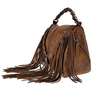 ZLYC Women's Leather Bamboo Hand Strap Featured Fringe Bohemian Tassel Studed Cross Body Bag (Brown)