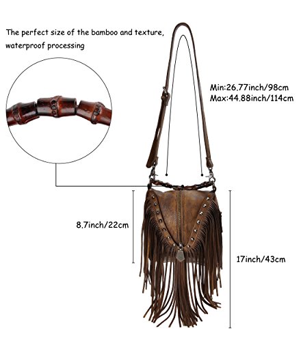 ZLYC Women's Leather Bamboo Hand Strap Featured Fringe Bohemian Tassel Studed Cross Body Bag (Brown)