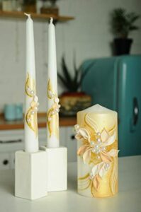 magik life unity candle set for wedding – wedding accessories for reception and ceremony – candle sets – 6 inch pillar and 2 10 inch tapers – decorative pillars gold