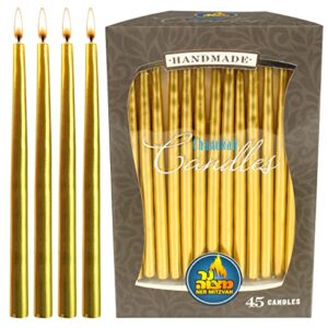 Dripless Chanukah Candles Standard Size - Metallic Gold Hanukkah Candles Fits Most Menorahs - Premium Quality Wax - 45 Count for All 8 Nights of Hanukkah - by Ner Mitzvah