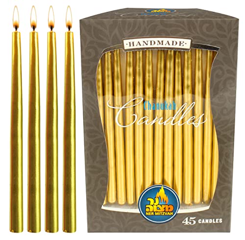 Dripless Chanukah Candles Standard Size - Metallic Gold Hanukkah Candles Fits Most Menorahs - Premium Quality Wax - 45 Count for All 8 Nights of Hanukkah - by Ner Mitzvah