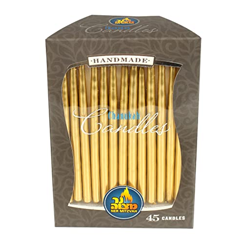 Dripless Chanukah Candles Standard Size - Metallic Gold Hanukkah Candles Fits Most Menorahs - Premium Quality Wax - 45 Count for All 8 Nights of Hanukkah - by Ner Mitzvah