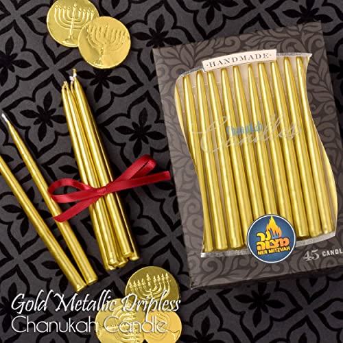 Dripless Chanukah Candles Standard Size - Metallic Gold Hanukkah Candles Fits Most Menorahs - Premium Quality Wax - 45 Count for All 8 Nights of Hanukkah - by Ner Mitzvah