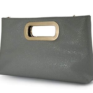 Women Glossy Patent Leather Clutch Cut Out Metal Handle Chain Shoulder Handbag (Grey)