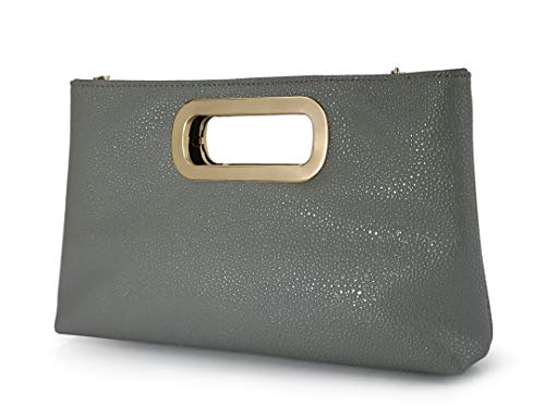 Women Glossy Patent Leather Clutch Cut Out Metal Handle Chain Shoulder Handbag (Grey)