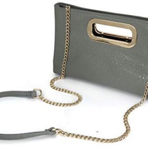 Women Glossy Patent Leather Clutch Cut Out Metal Handle Chain Shoulder Handbag (Grey)